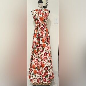 Haani Floral A-Line Maxi Dress in White with Red & Orange Roses